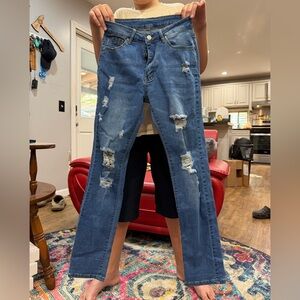 Women's Straight Leg Distressed Jeans in Blue